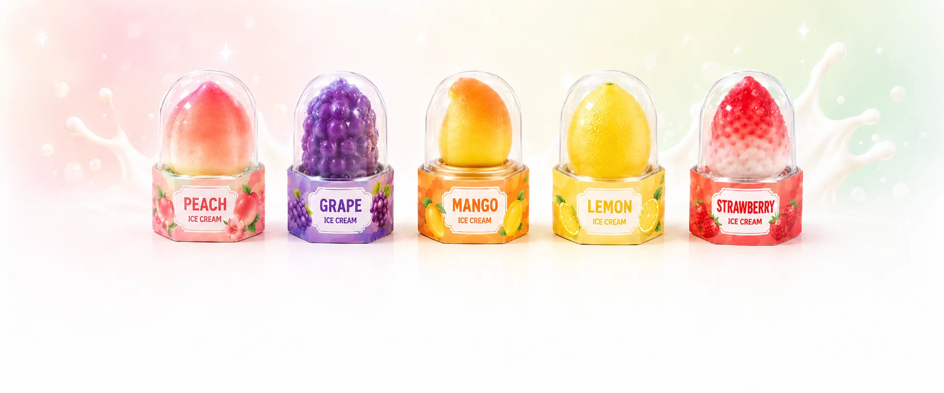CreamyDelight viral fruit shaped ice cream in original packaging — peach, grape, mango, lemon, strawberry with dome lids