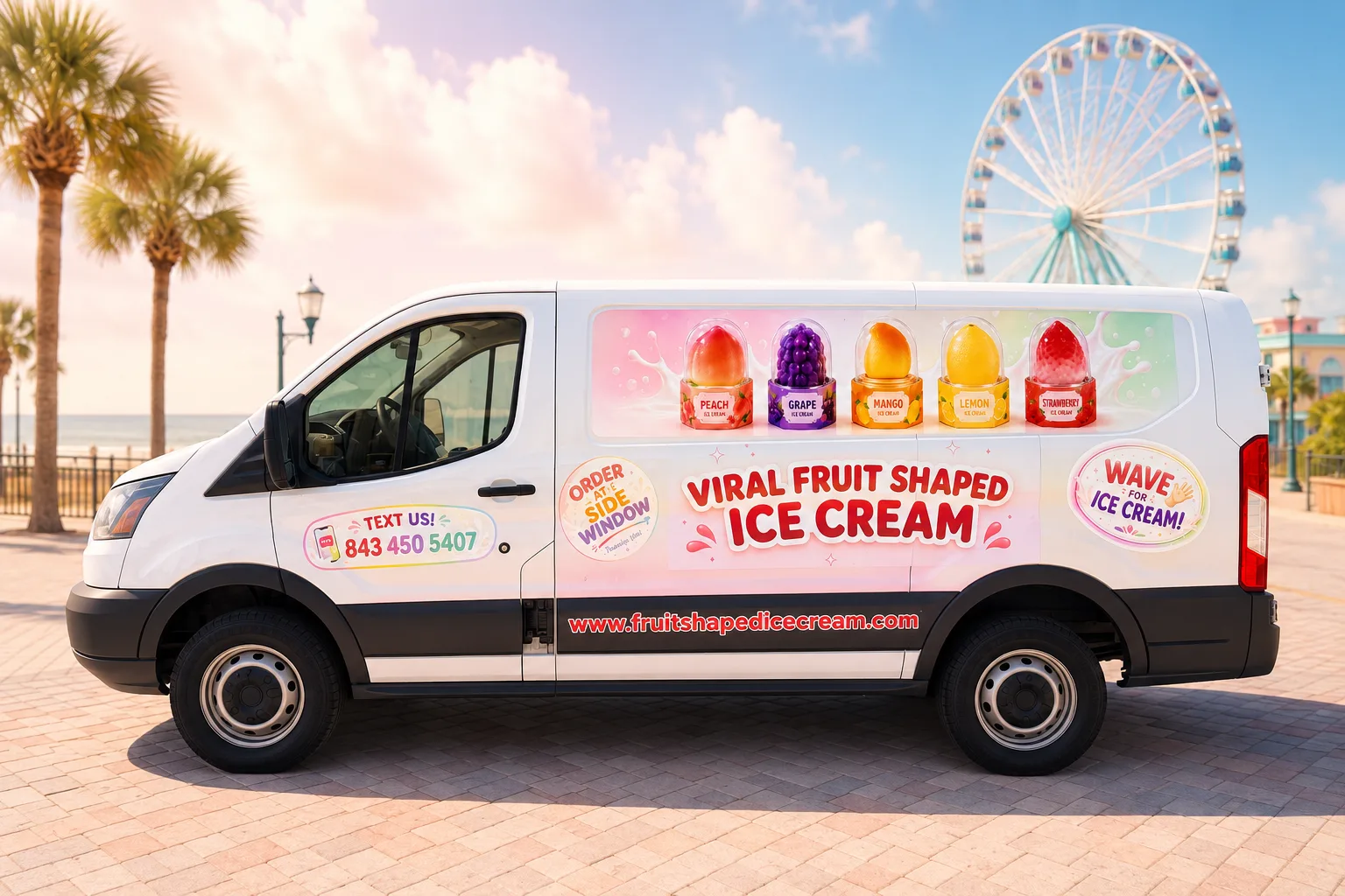 CreamyDelight ice cream van driver side with fruit shaped ice cream graphics